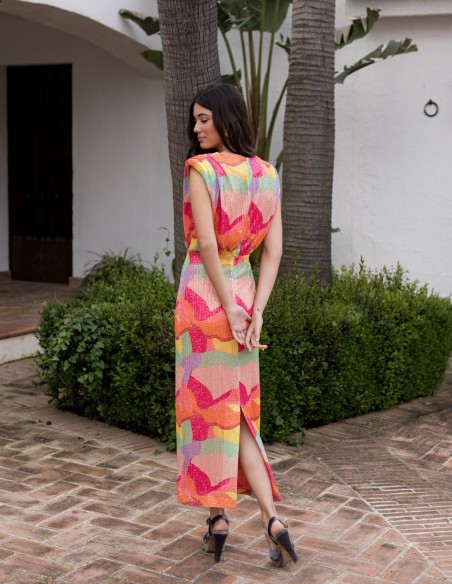 Robe midi multicolore avec paillettes et épaulettes