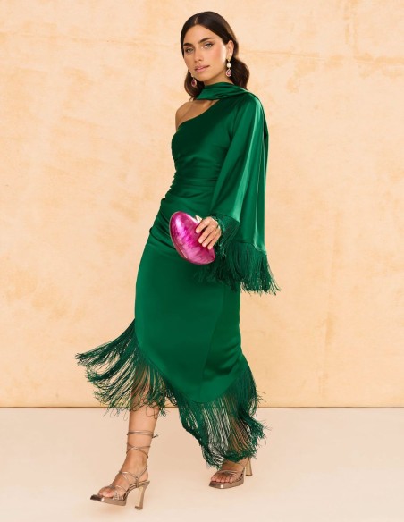 Vestido midi de fiesta asimétrico con bajo de flecos verde