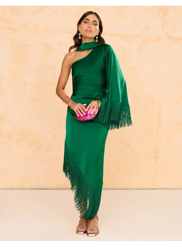 Asymmetrical midi party dress with fringed hemline