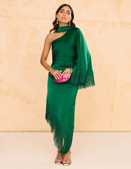 Vestido midi de fiesta asimétrico con bajo de flecos