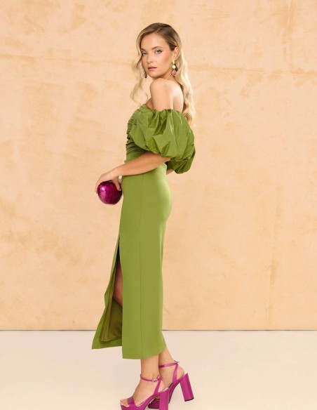 Vestido midi con escote palabra de honor y mangas abullonadas desmontables color verde oliva