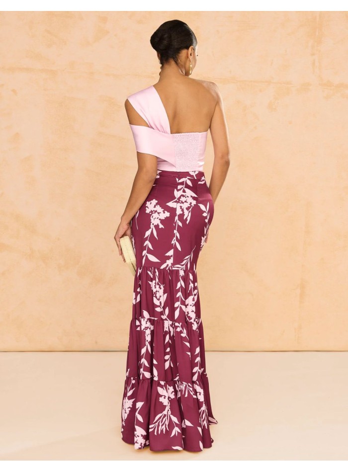 Falda larga de fiesta con estampado floral y detalles de volantes