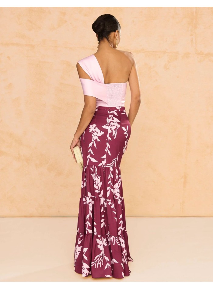 Top de fiesta asimétrico satinado rosa