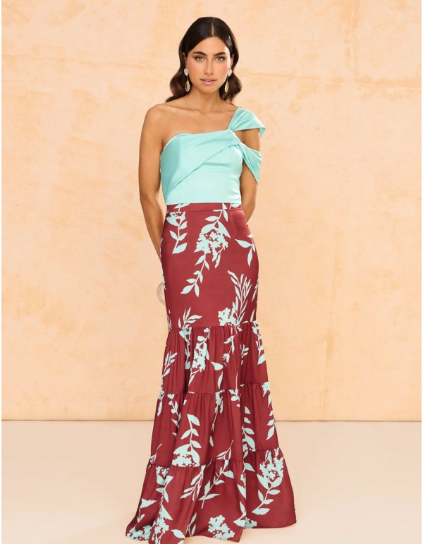 Brown printed long skirt with ruffles