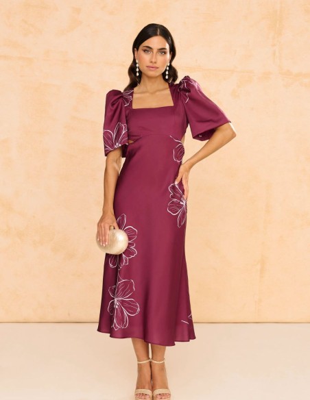 Robe midi imprimée avec manches bouffantes et dos ouvert