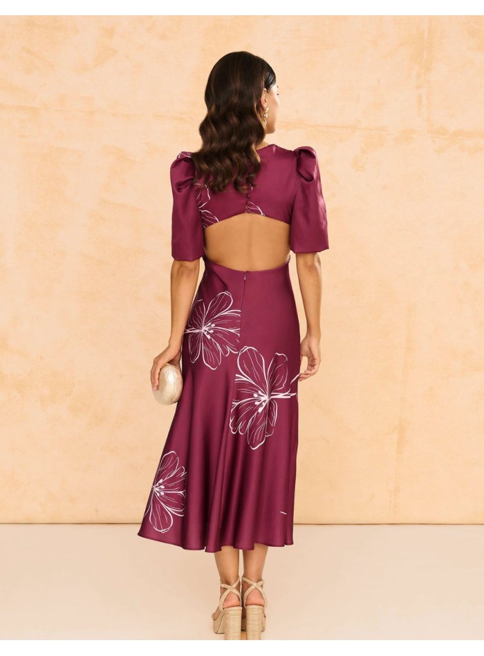 Vestido midi de fiesta estampado con manga abullonada color buganvilla