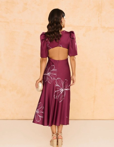 Robe midi imprimée avec manches bouffantes et dos ouvert