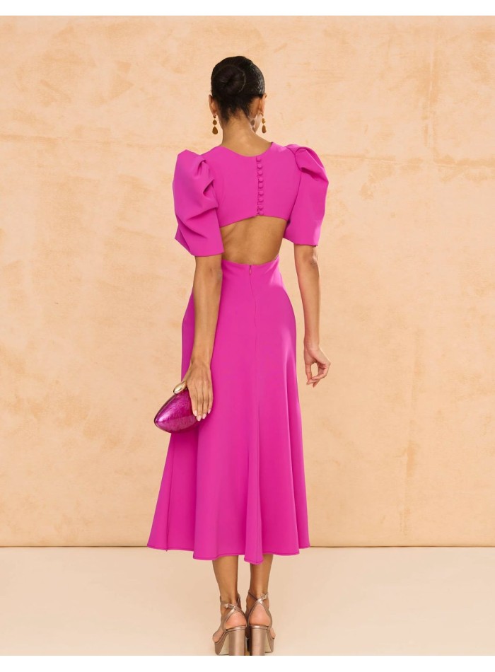 Midi party dress with puffed sleeves and open back
