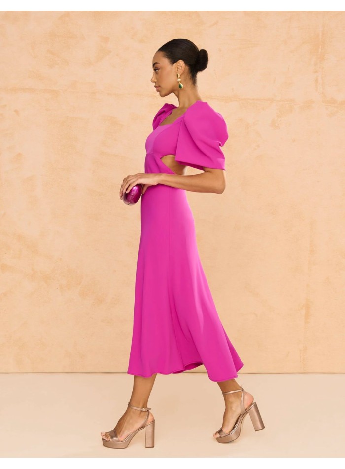 Vestido midi de fiesta con mangas abullonada y espalda descubierta para invitada boda