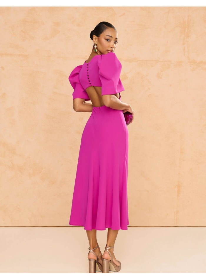 Vestido midi de fiesta con mangas abullonada y espalda descubierta para bodas, comunión...
