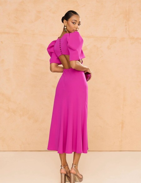 Midi party dress with puffed sleeves and open back