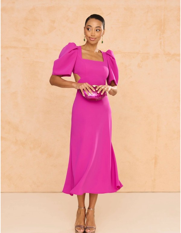 Robe de soirée midi avec manches bouffantes et dos ouvert