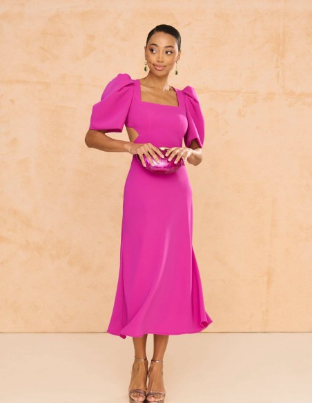 Vestido midi de fiesta con mangas abullonada y espalda descubierta