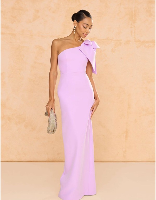 Long guest dress with asymmetrical neckline and maxi bow