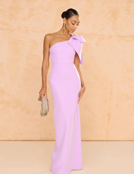 Long guest dress with asymmetrical neckline and maxi bow