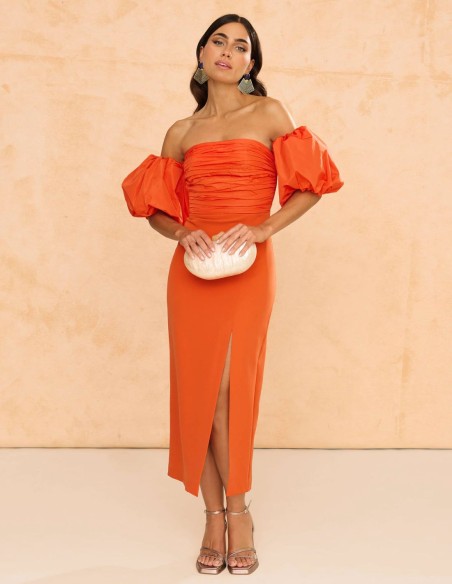 Guest midi dress with detachable puffed sleeves