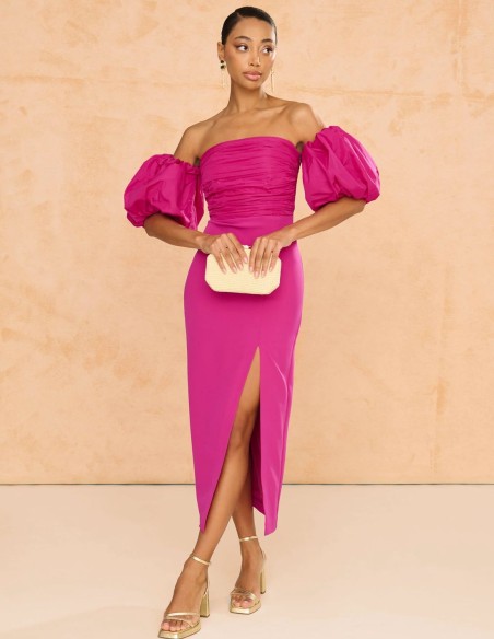 Vestido midi para invitada con mangas abullonadas y abertura