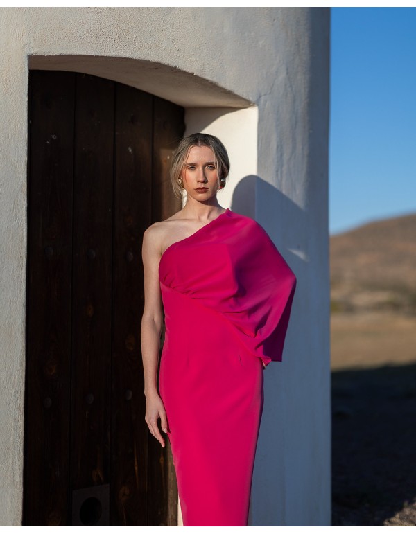 Asymmetrical midi dress with multi-position chiffon sleeves