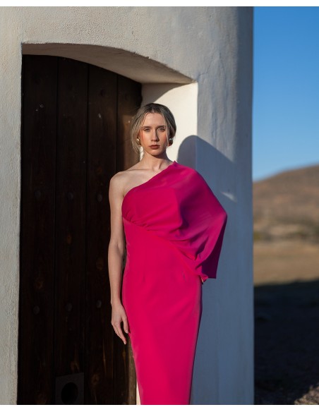 Asymmetrical midi dress with multi-position chiffon sleeves