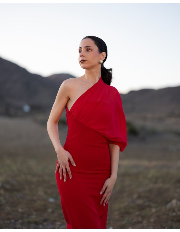 Midi party dress with asymmetrical satin neckline