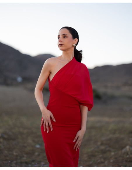 Midi party dress with asymmetrical satin neckline