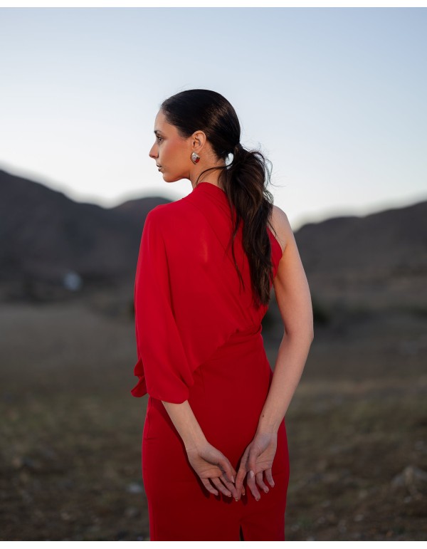 Vestido midi de fiesta con escote asimétrico satinado 2