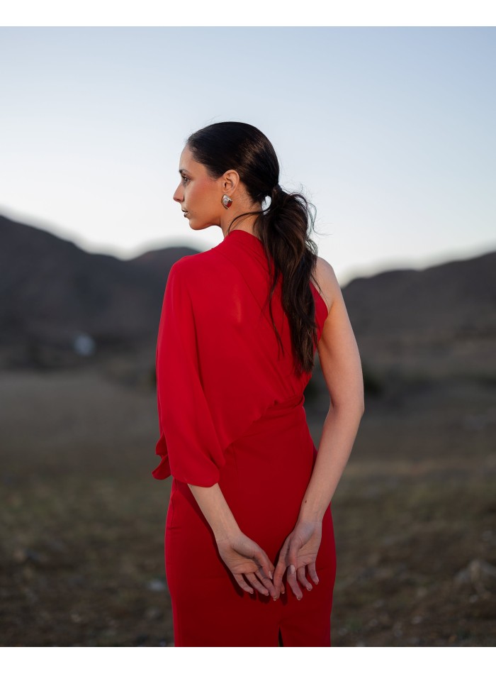 Midi party dress with asymmetrical satin neckline