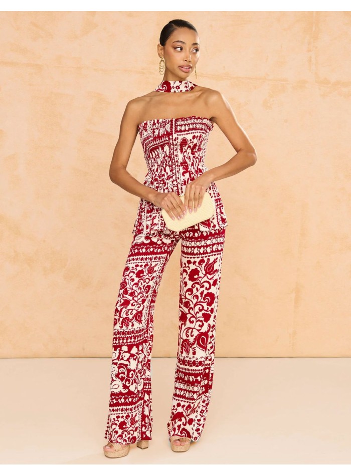 Top de fiesta estampado con drapeado y chal en rojo y beige