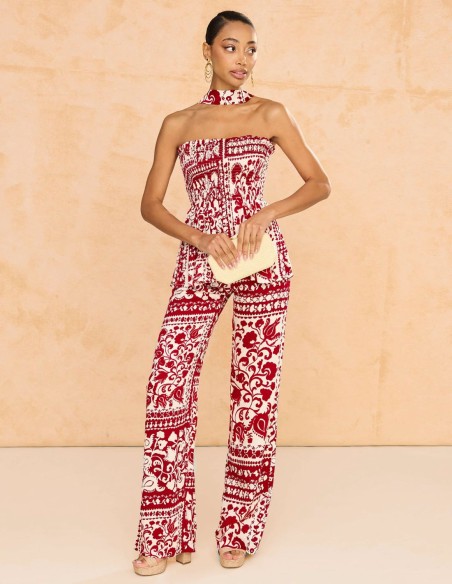 Top de fiesta estampado con drapeado y chal en rojo y beige