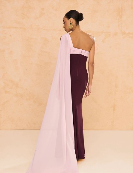 copy of Terracotta color crepe satin long dress with long cape
