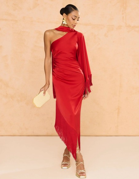 Robe midi asymétrique pour invités avec détails de franges