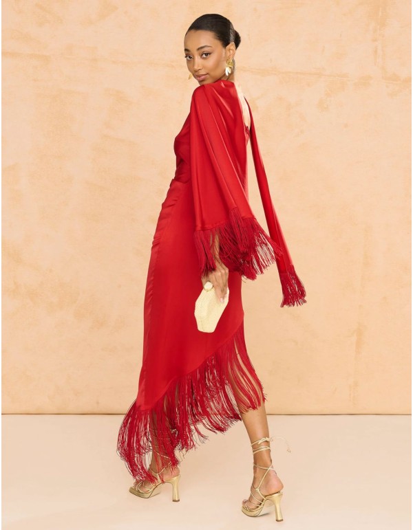 Asymmetrical midi guest dress with fringe details 2