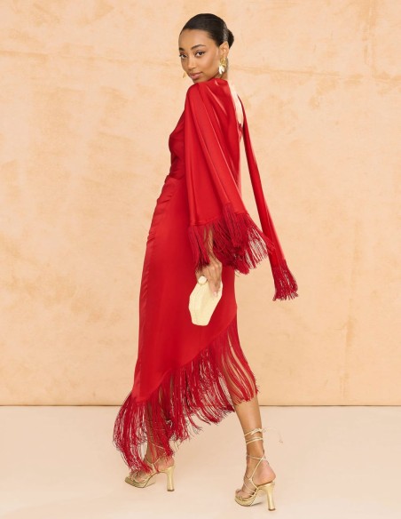 Asymmetrical midi guest dress with fringe details