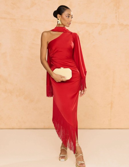 Robe midi asymétrique pour invités avec détails de franges