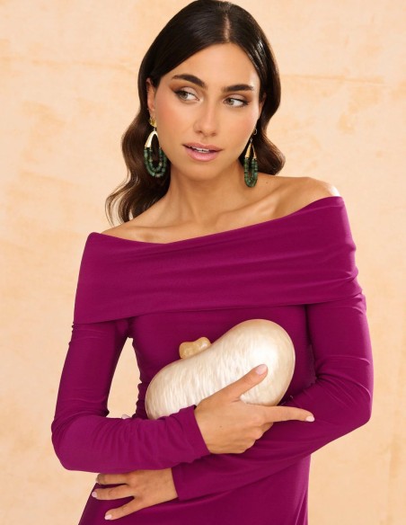 Vestido buganvilla de cuello barca y manga larga con falda asimetrica