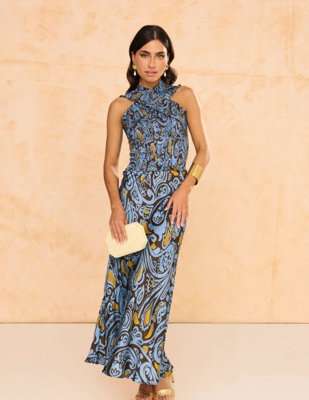 Falda midi azul con estampado