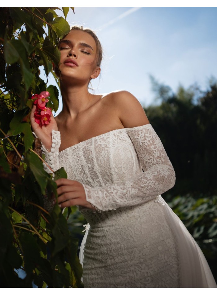 Lace wedding dress with bandeau neckline and...