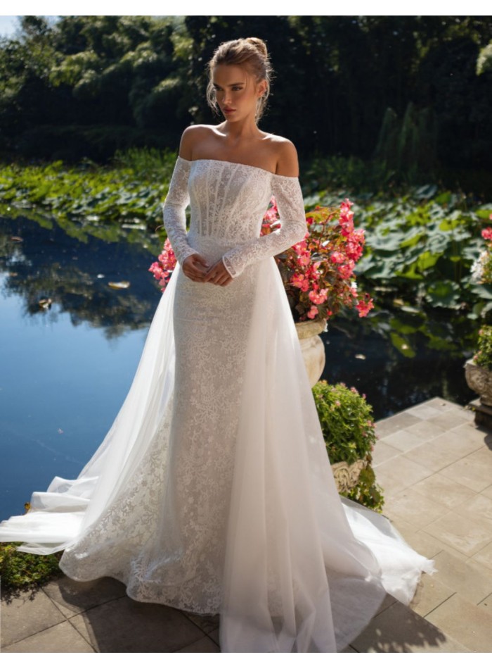 Lace wedding dress with bandeau neckline and...