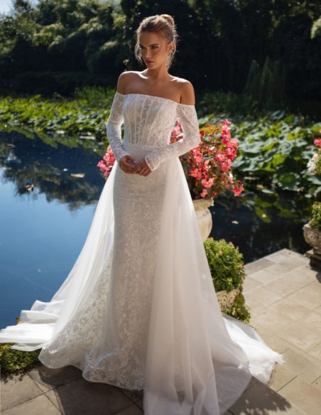 Lace wedding dress with bandeau neckline and long sleeves