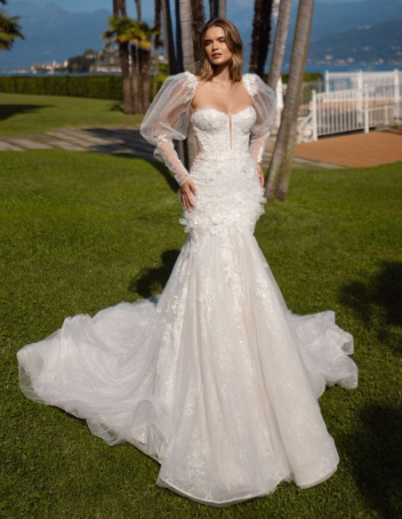 Long corset wedding dress with detachable sleeves