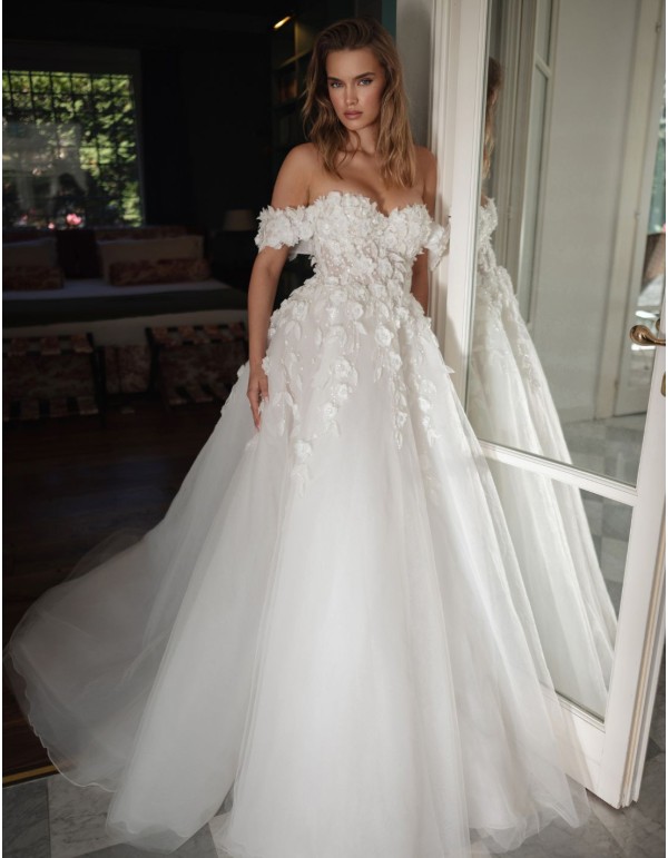 Long wedding dress with bandeau neckline and floral bodice 2