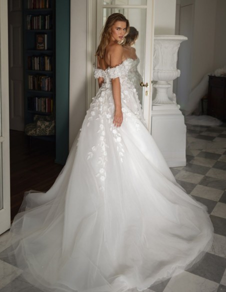 Long wedding dress with bandeau neckline and floral bodice