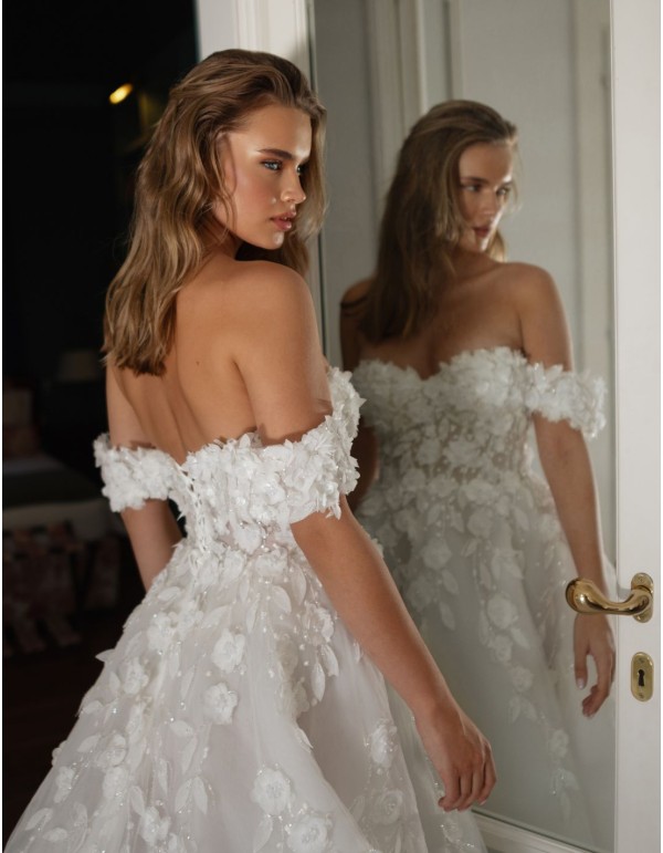 Long wedding dress with bandeau neckline and floral bodice