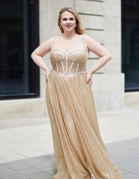 Long party dress with shiny fabric and corset bodice