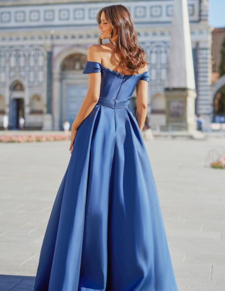 Long party dress in mikado with bardot neckline