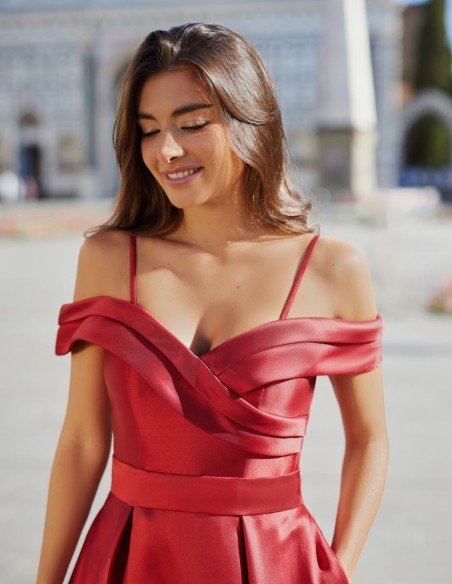 Long party dress in mikado with bardot neckline