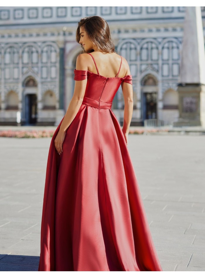 Long party dress in mikado with bardot neckline