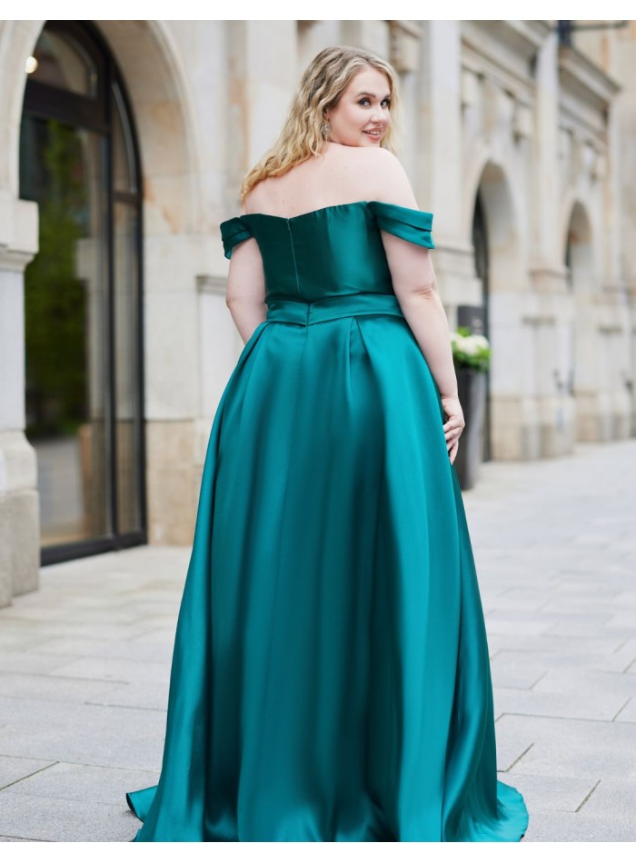 Long party dress in mikado with bardot neckline