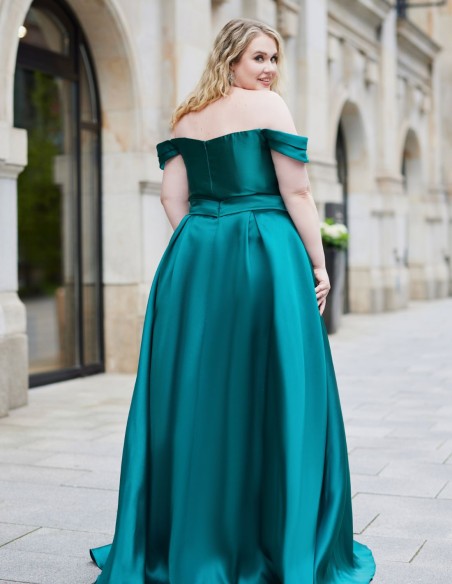 Long party dress in mikado with bardot neckline