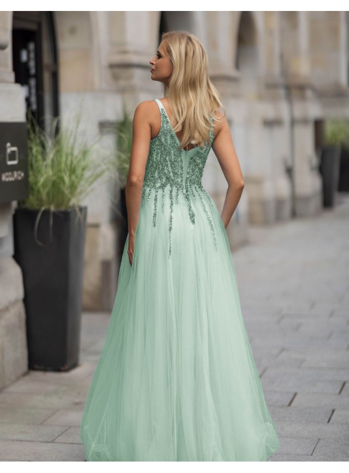 Long ball gown with tulle skirt and rhinestone...